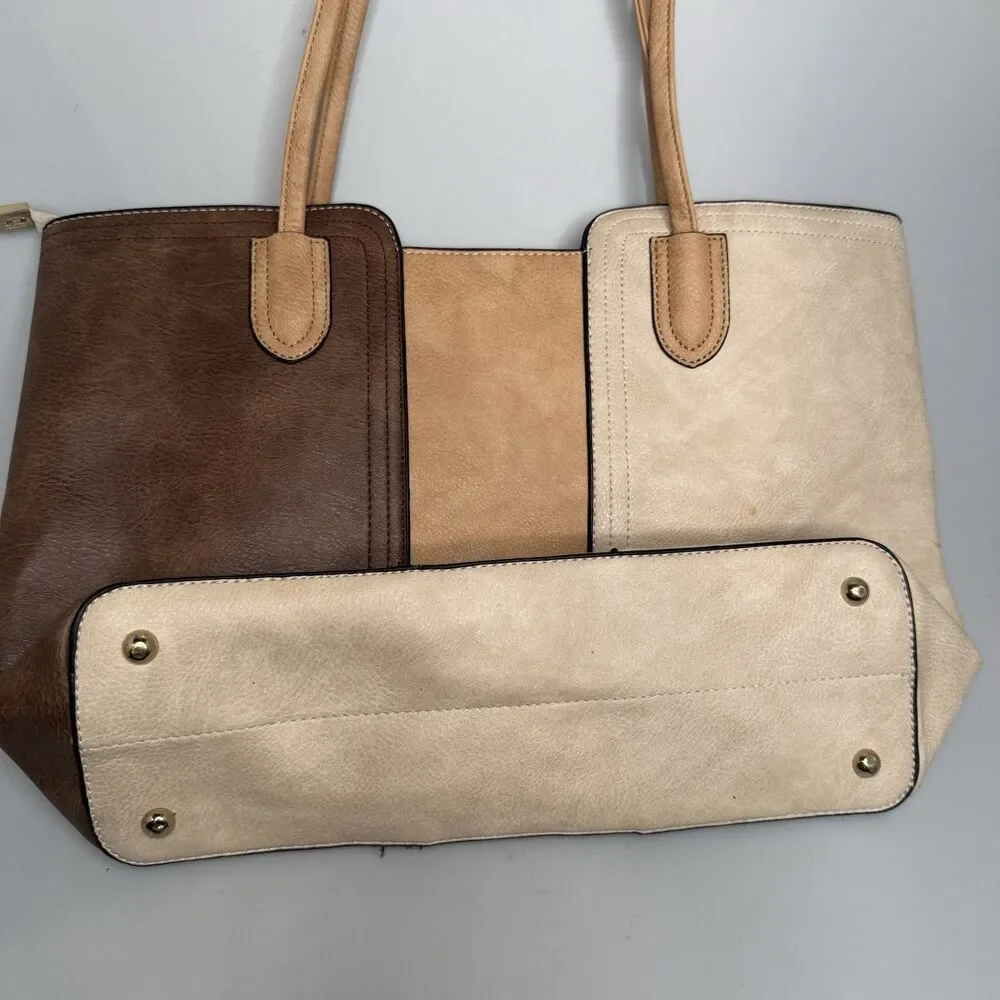 Montana West Tri-Color Cream Tan Brown Tote Vegan Leather Purse Zip Close Studde